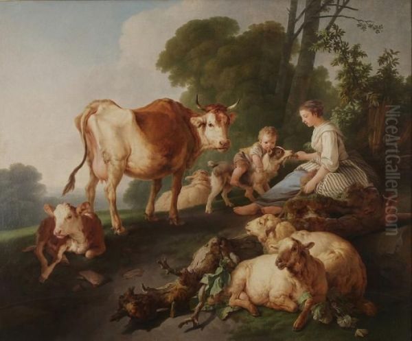 Shepherd With Sheeps And Cows Oil Painting by Jean-Baptiste Huet I