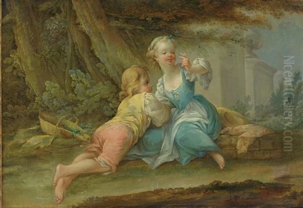 A Young Boy And Girl Admiring A Butterfly In A Classical Garden Oil Painting by Jean-Baptiste Huet I