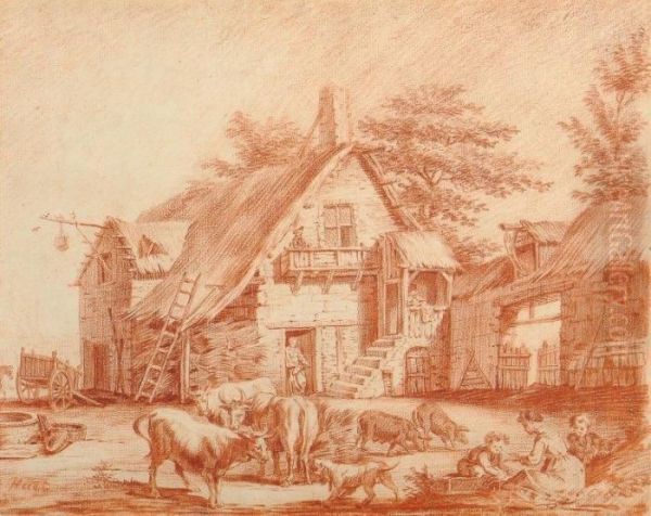 Famille De Paysans Dans Une Cour De Ferme Oil Painting by Jean-Baptiste Huet I