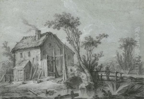 A Farmhouse And Fishermen By A Stream And On A Wooden Bridge Oil Painting by Jean-Baptiste Huet I