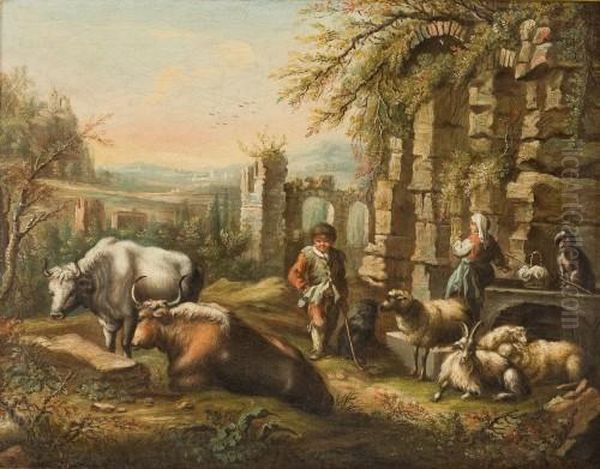 Hirtenkinder Mit Schafen Und Ziegen In Ruinenlandschaft Oil Painting by Jean-Baptiste Huet I