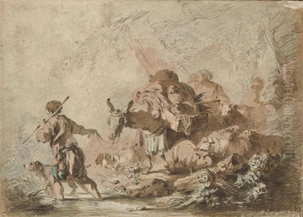 A Peasant Family And Their Animals Crossing A Stream Oil Painting by Jean-Baptiste Huet I