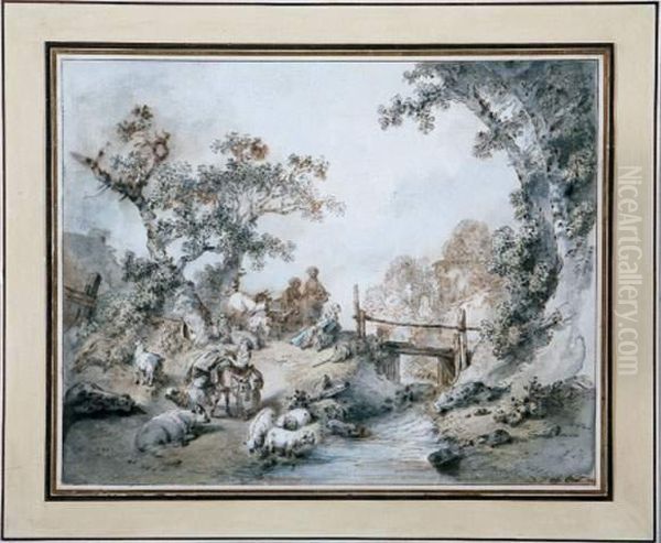 Bergers Et Troupeaux Se Reposant Pres D'un Ruisseau Oil Painting by Jean-Baptiste Huet I