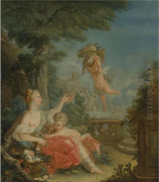 A Shepherdess In A Landscape With A Putto Holding A Basket Of Flowers Oil Painting by Jean-Baptiste Huet I