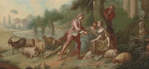 An Amorous Couple In A Garden; And A Shepherd With His Flock Courting Two Ladies Oil Painting by Jean-Baptiste Huet I