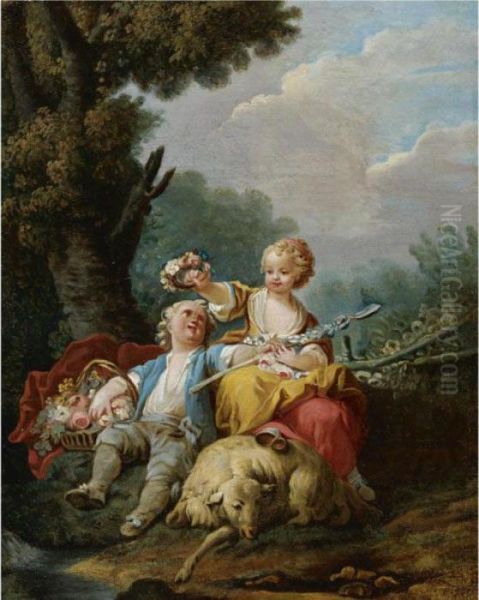 A Young Shepherd And Shepherdess Seated In A Pastoral Landscape Oil Painting by Jean-Baptiste Huet I