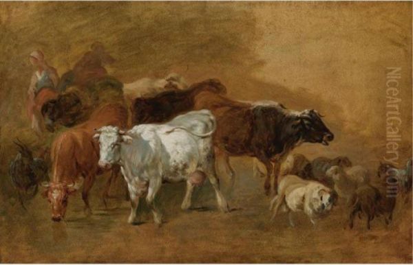 Cattle And Sheep Driven By Peasants - A Sketch Oil Painting by Jean-Baptiste Huet I