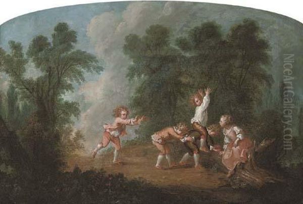 A Wooded River Landscape With 
Women Bathing; And A Wooded Landscape With Children Playing Leap-frog Oil Painting by Jean-Baptiste Huet I