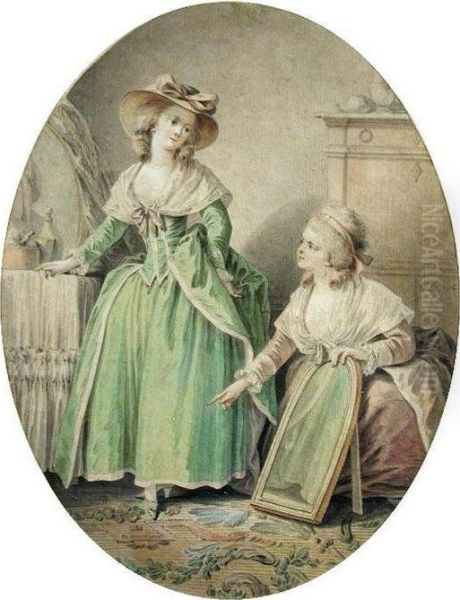 Two Ladies Of Fashion Admiring A Pair Of New Shoes Oil Painting by Jean-Baptiste Huet I