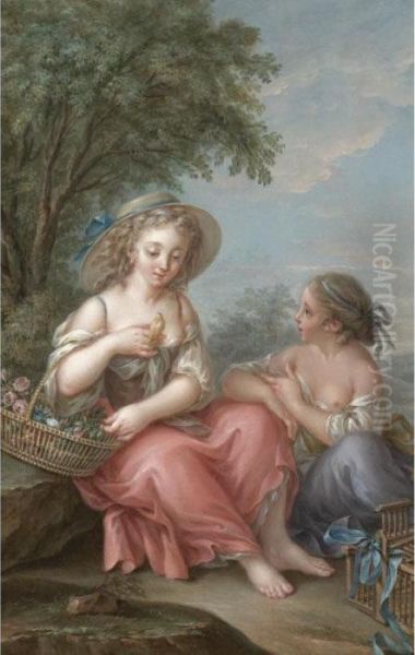 Two Young Girls Sitting In A Landscape With A Pet Canary Oil Painting by Jean-Baptiste Huet I