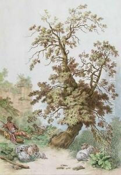 Schafer Mit Hund, Vor Einer Ruine Unter Einem Baum Liegend Oil Painting by Jean-Baptiste Huet I