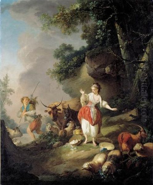 Les Oeufs Casses: A Shepherdess 
Startled By A Drover And His Cattle In A Pastoral Landscape Oil Painting by Jean-Baptiste Huet I