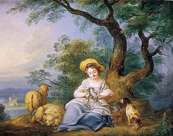 Pastora Descansando Junto A Un Arbol Con Su Perro Y
 Ovejas Oil Painting by Jean-Baptiste Huet I