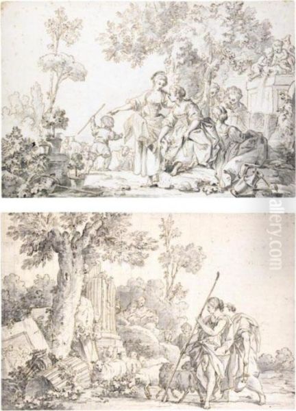 A Pair Of Pastoral Scenes: One 
With Ladies By A Fountain, With A Shepherd Boy And His Flock; The Other 
With Shepherds Looking At Classical Ruins Oil Painting by Jean-Baptiste Huet I