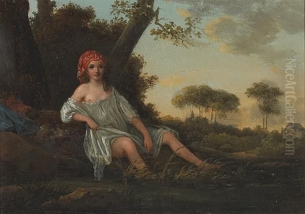 A Girl Resting By A Pond With A Farmhouse Beyond Oil Painting by Jean-Baptiste Huet I