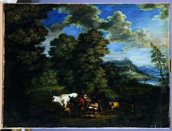 An Extensive Wooded River Landscape With A Driver And His Herd Inthe Foreground Oil Painting by Jean-Baptiste Huet I