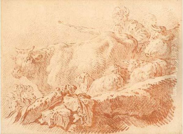 Berger Menant Ses Vaches Et Ses Moutons Oil Painting by Jean-Baptiste Huet I