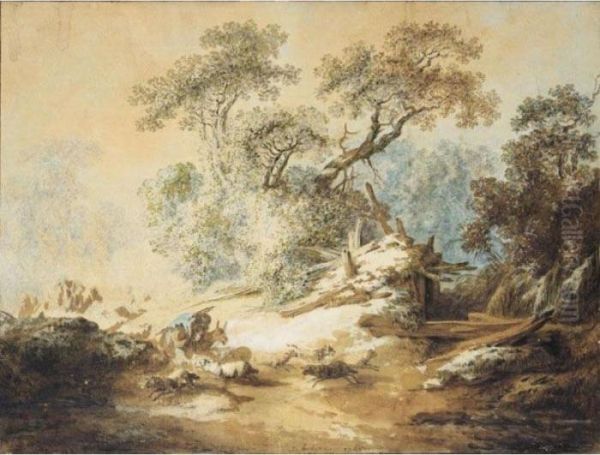 Wooded Autumn Landscape With Shepherds And Their Flock Oil Painting by Jean-Baptiste Huet I