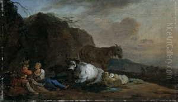 Zugeschrieben Hirtenpaar Mit 
Kuhen Und Schafen In Der Landschaft. Ol Auf Leinwand . H 21,5; B 36,8 Cm Oil Painting by Jean-Baptiste Huet I