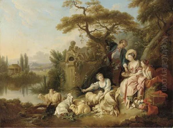 A Pastoral River Landscape With A Shepherd And Shepherdesses Oil Painting by Jean-Baptiste Huet I