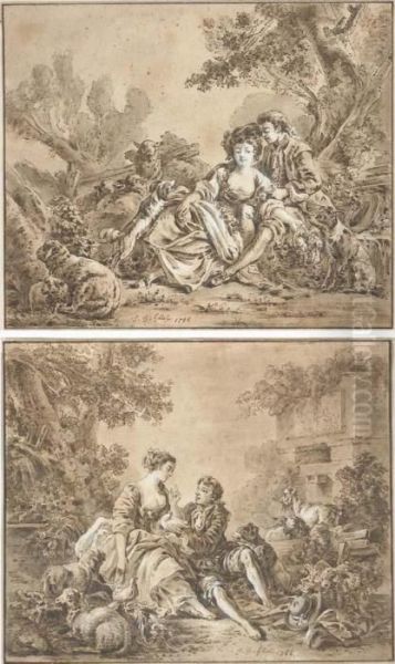 A Pair Of Shepherds Resting By A Tree; And A Pair Of Shepherdsresting By A Fountain Oil Painting by Jean-Baptiste Huet I