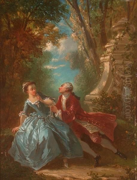 A Courting Couple In A Garden; A Companion Oil Painting by Jean-Baptiste Huet I