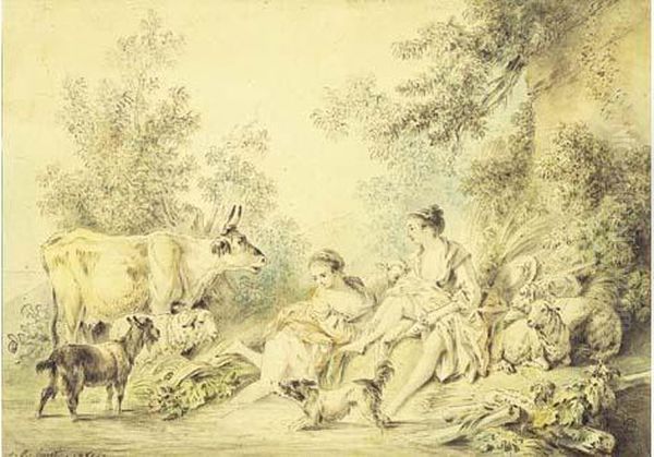 Jeunes Bergeres Se Rafraichissant Au Point D'eau Avec Leur Troupeau. Oil Painting by Jean-Baptiste Huet I