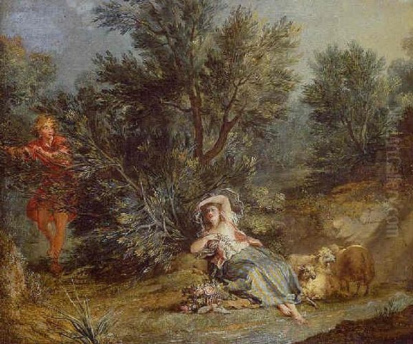 Shepherdess In A Landscape Oil Painting by Jean-Baptiste Huet I