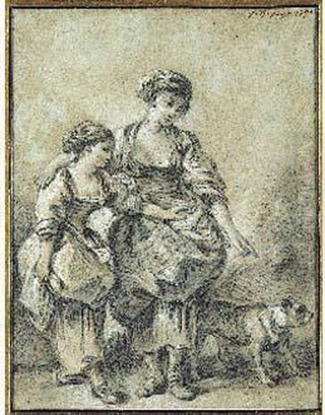 Jeunes Filles Avec Un Chien Oil Painting by Jean-Baptiste Huet I