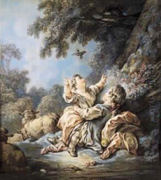 couple De Jeunes Bergers Lachant Un Oiseau Oil Painting by Jean-Baptiste Huet I