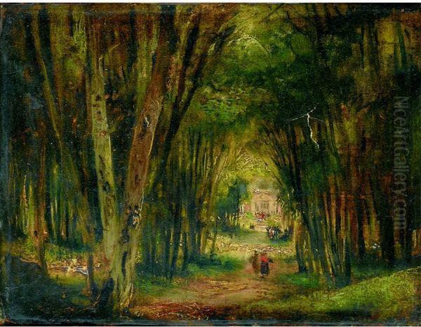 Figures Strolling In A Wood Oil Painting by Paul Huet