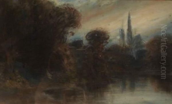 Paysage Et Cathedrale De Rouen Oil Painting by Paul Huet