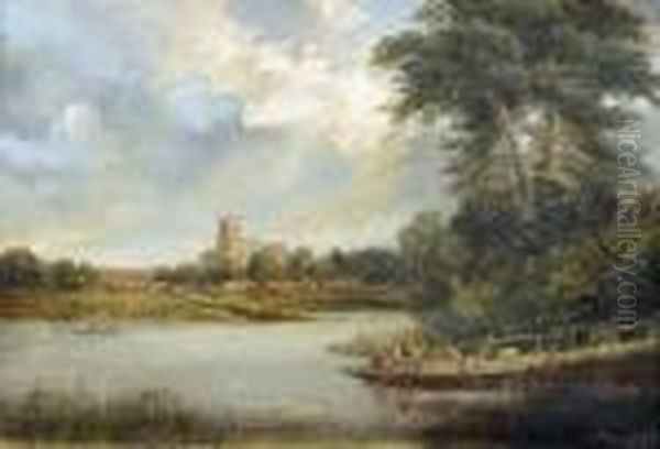 Flusslandschaft Mit Boot Und Figurenstaffage Vor Kirche. Oil Painting by Paul Huet