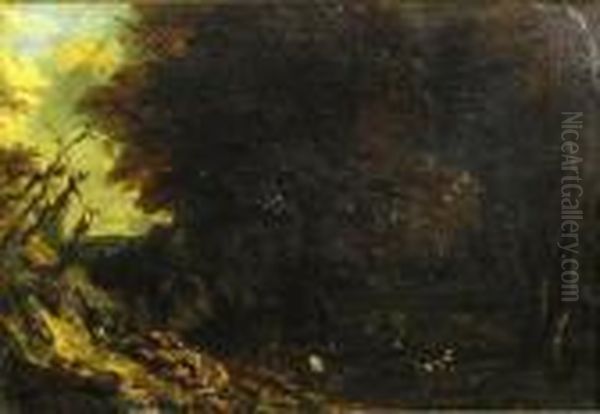 A Rocky Landscape With Figures Oil Painting by Paul Huet