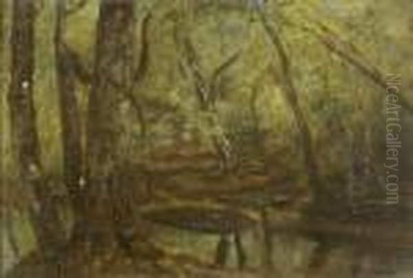 Sous Bois A La Riviere, A Fontainebleau Oil Painting by Paul Huet