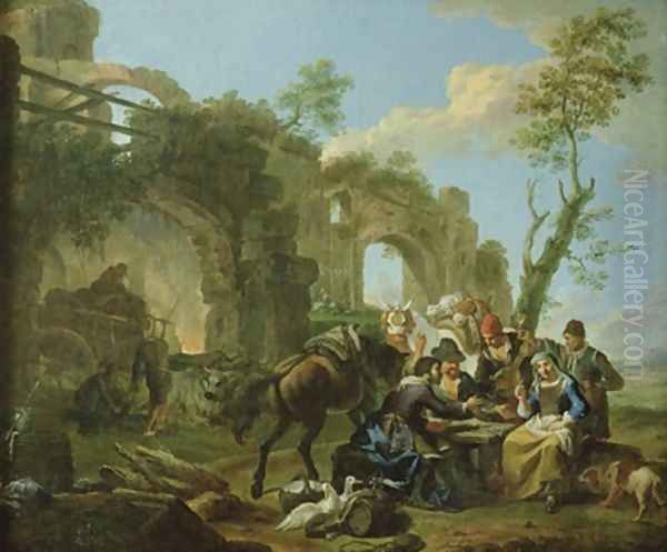 Horsemen Resting among Classical Ruins with a Fortune Teller Oil Painting by Paolo Monaldi