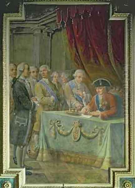 Charles III 1716-88 signs the decree authorising trade with Asia and the Philipines 18th century Oil Painting by Pere Pau Muntanya