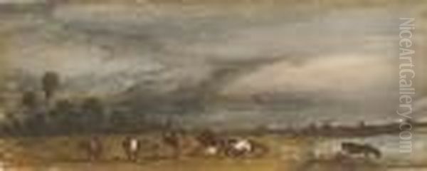 Un Paysage Avec Des Vaches Et Un Cheval Pres D'un Lac Oil Painting by Paul Huet