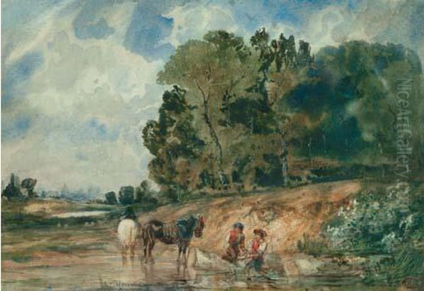 Le Bain Des Chevaux Avec Paris Dans Le Lointain, Vers 1835 Oil Painting by Paul Huet