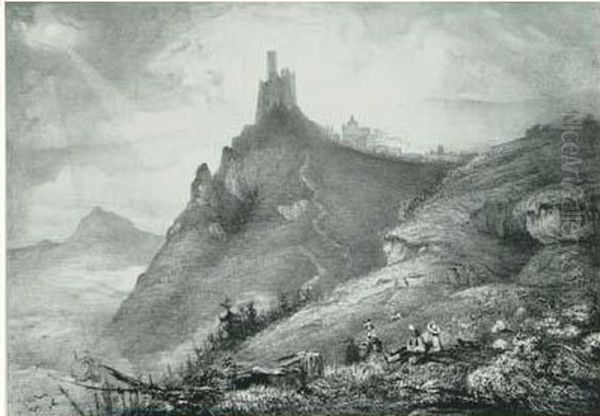 Vue De Chateau-gaillard - Tour Du Mont Perrou (auvergne) - Chateau
 De Leotoing (auvergne) - Le Marais (1830-31) Oil Painting by Paul Huet