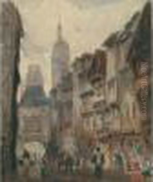 Rouen, Le Gros Horloge, Circa 1826 Oil Painting by Paul Huet