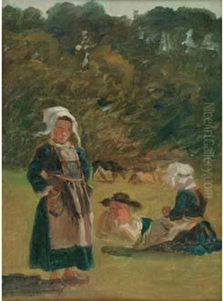 Enfants Bretons, Douarnenez 1865 Oil Painting by Paul Huet