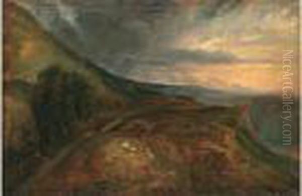 Souvenir D'auvergne, Soleil Couchant Dans Les Montagnes 1833-36 Oil Painting by Paul Huet