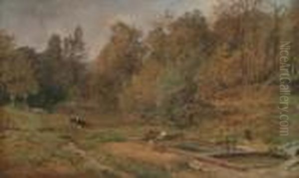 Lavoir En Foret, Pres De Pont-audemer, Effet D'automne, 1866 Oil Painting by Paul Huet