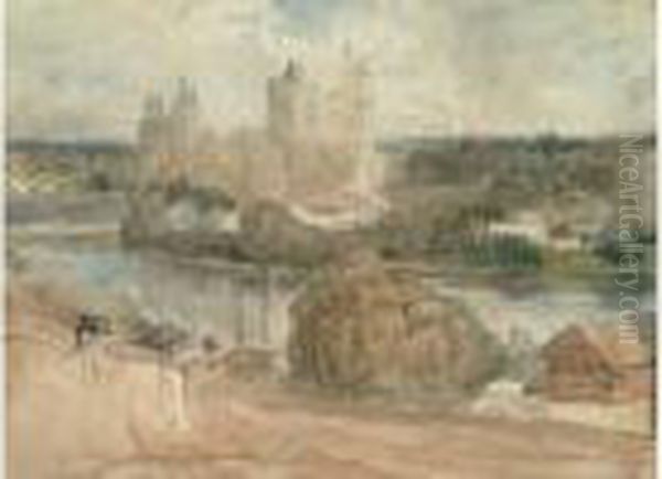 Chateau De Pierrefonds En Cours De Restauration, 1860-1865 Oil Painting by Paul Huet