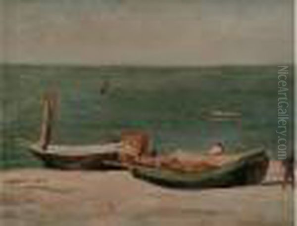 Deux Barques Et Pecheurs Sur La Plage, Etretat Oil Painting by Paul Huet