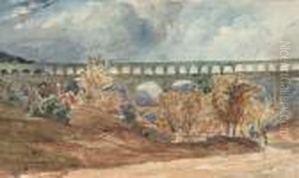 Le Pont Du Gard, Circa 1840 Oil Painting by Paul Huet