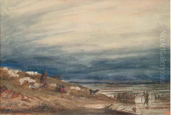 Bergers A Saint-valery-sur-somme Oil Painting by Paul Huet