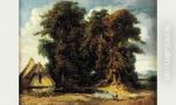 Paysage A La Chaumiere Et A La Charrette Oil Painting by Paul Huet