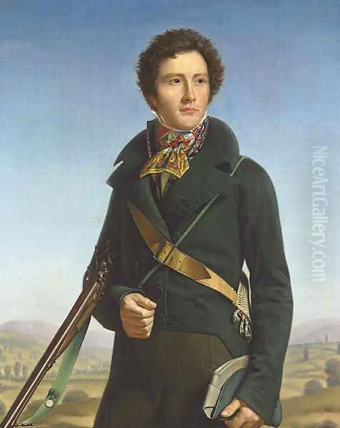 Portrait of a gentleman, identified as Jean-Andre Prosper Henri Le Page, three-quarter-length, in a green jacket and carrying a rifle, in a landscape Oil Painting by Francois Henri Mulard